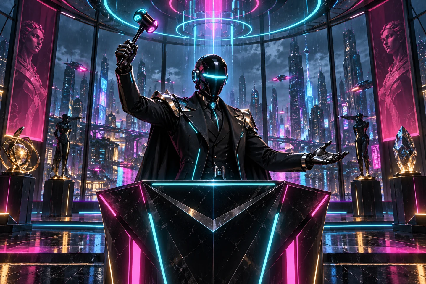 Android auctioneer in a neon-lit futuristic city.